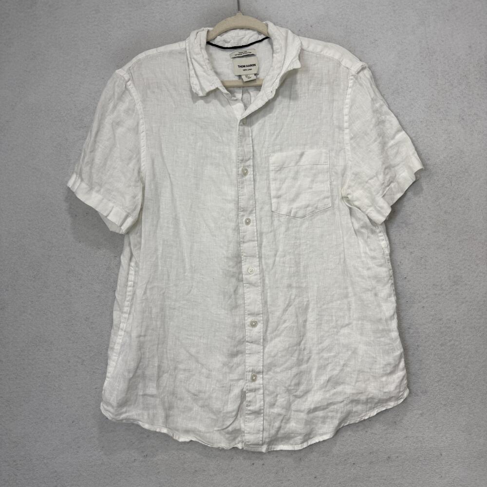 Thom Aaron Shirt Mens Large White 100% Linen Short Sleeve Button Up Casual